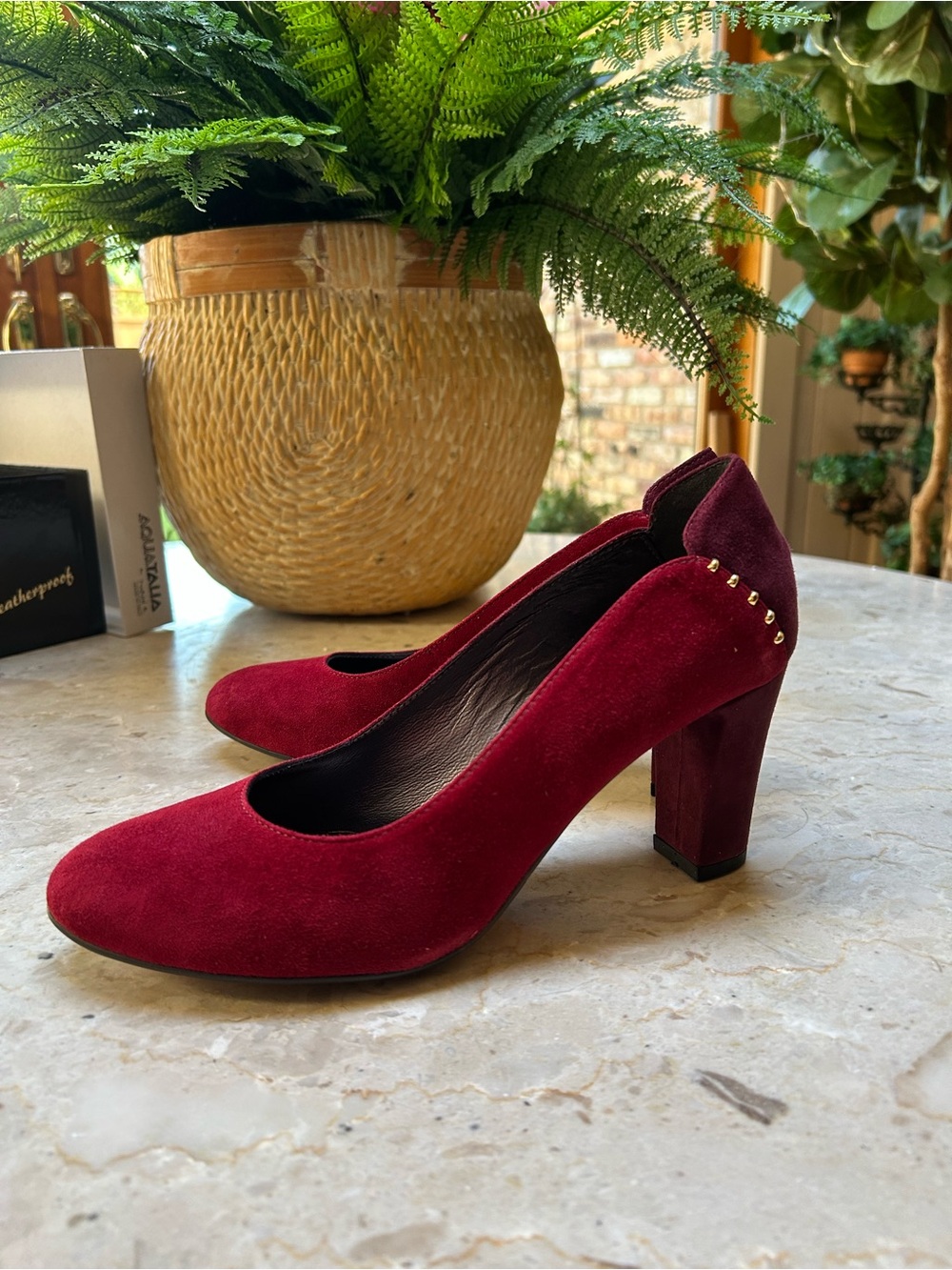 Aquatalia Burgundy Suede Block Heel Pumps with Gold Studs